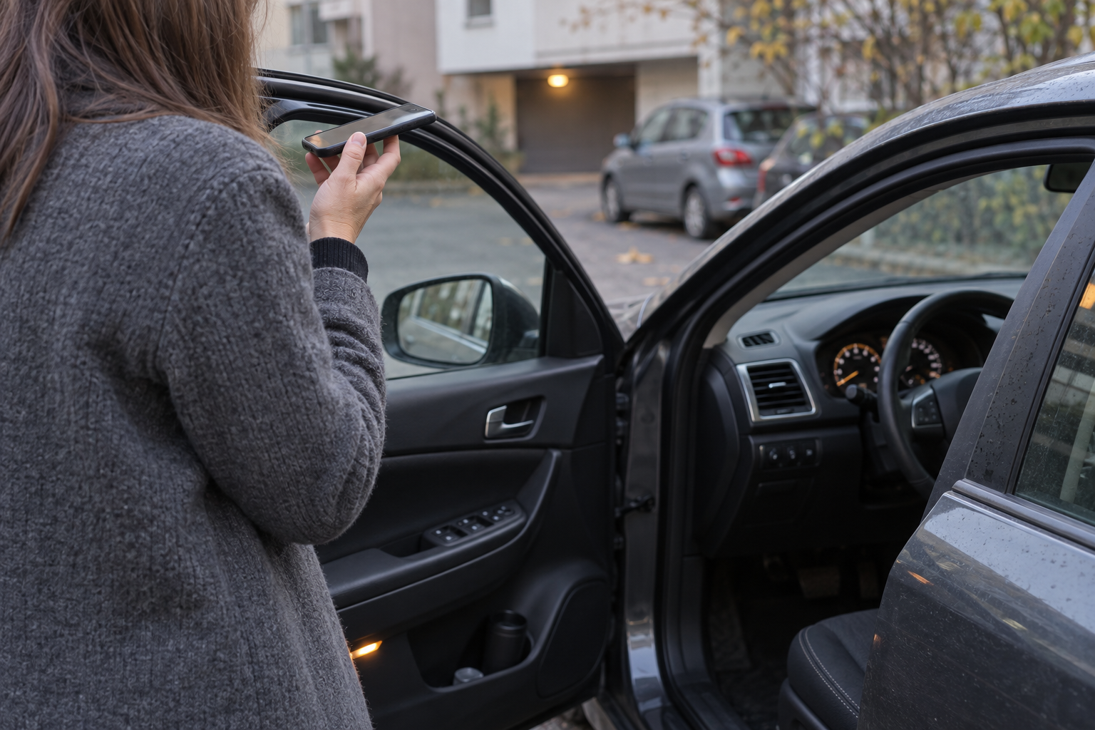 Владелец записывает голосовое сообщение рядом с автомобилем